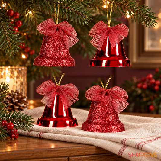 Set 4 Clopote Rosii Cu Fundita Si Glitter, 6 Cm - lifestyle principala - Shopiens