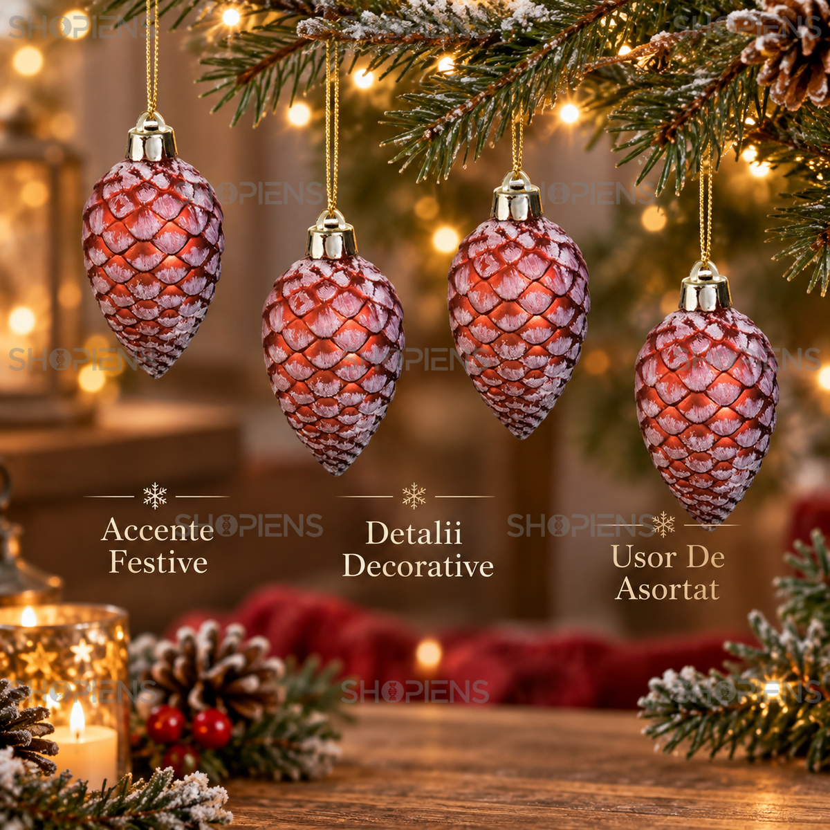 Set 4 Conuri Rosii Inzapezite Pentru Brad, 7 Cm - avantaje - Shopiens