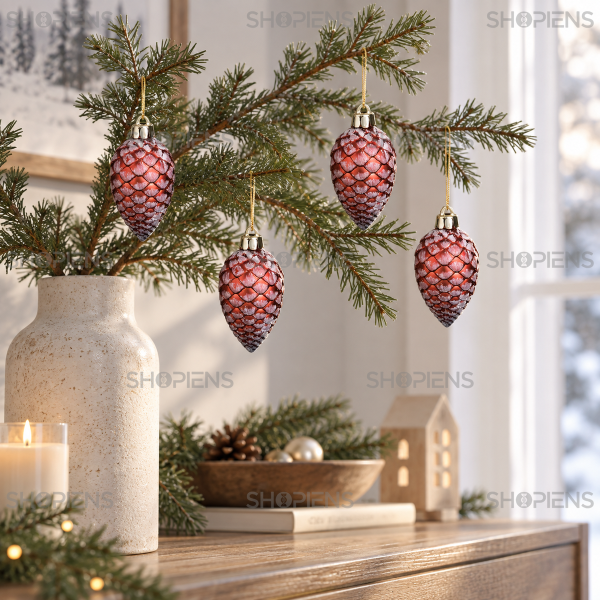Set 4 Conuri Rosii Inzapezite Pentru Brad, 7 Cm - in folosinta 2 - Shopiens