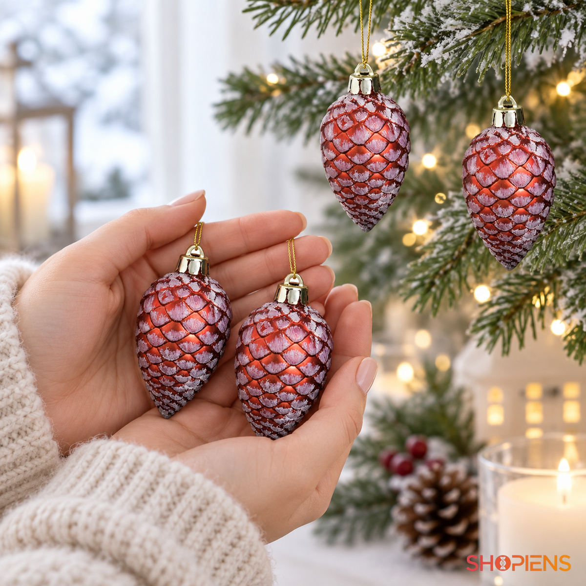 Set 4 Conuri Rosii Inzapezite Pentru Brad, 7 Cm - lifestyle principala - Shopiens