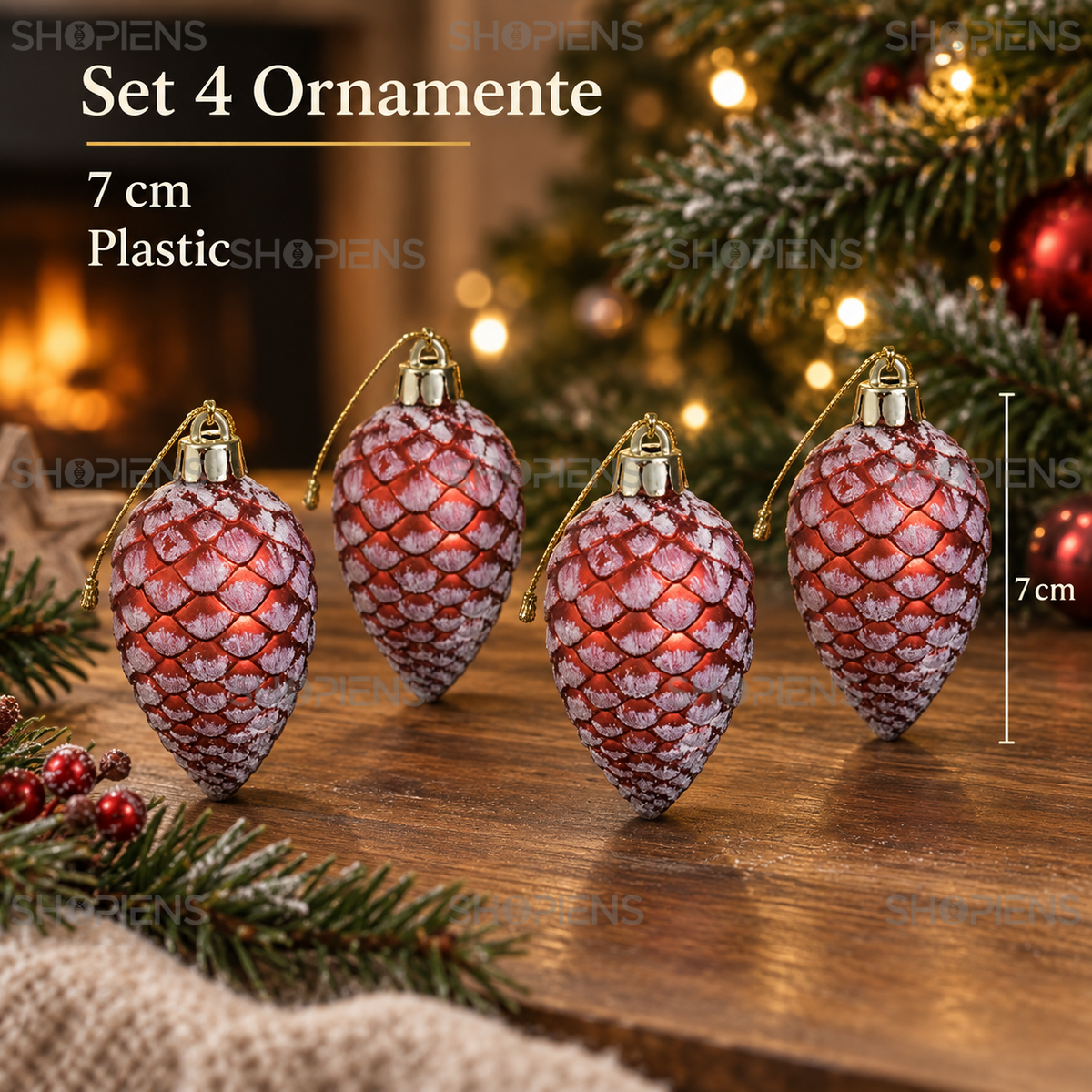 Set 4 Conuri Rosii Inzapezite Pentru Brad, 7 Cm - specificatii - Shopiens