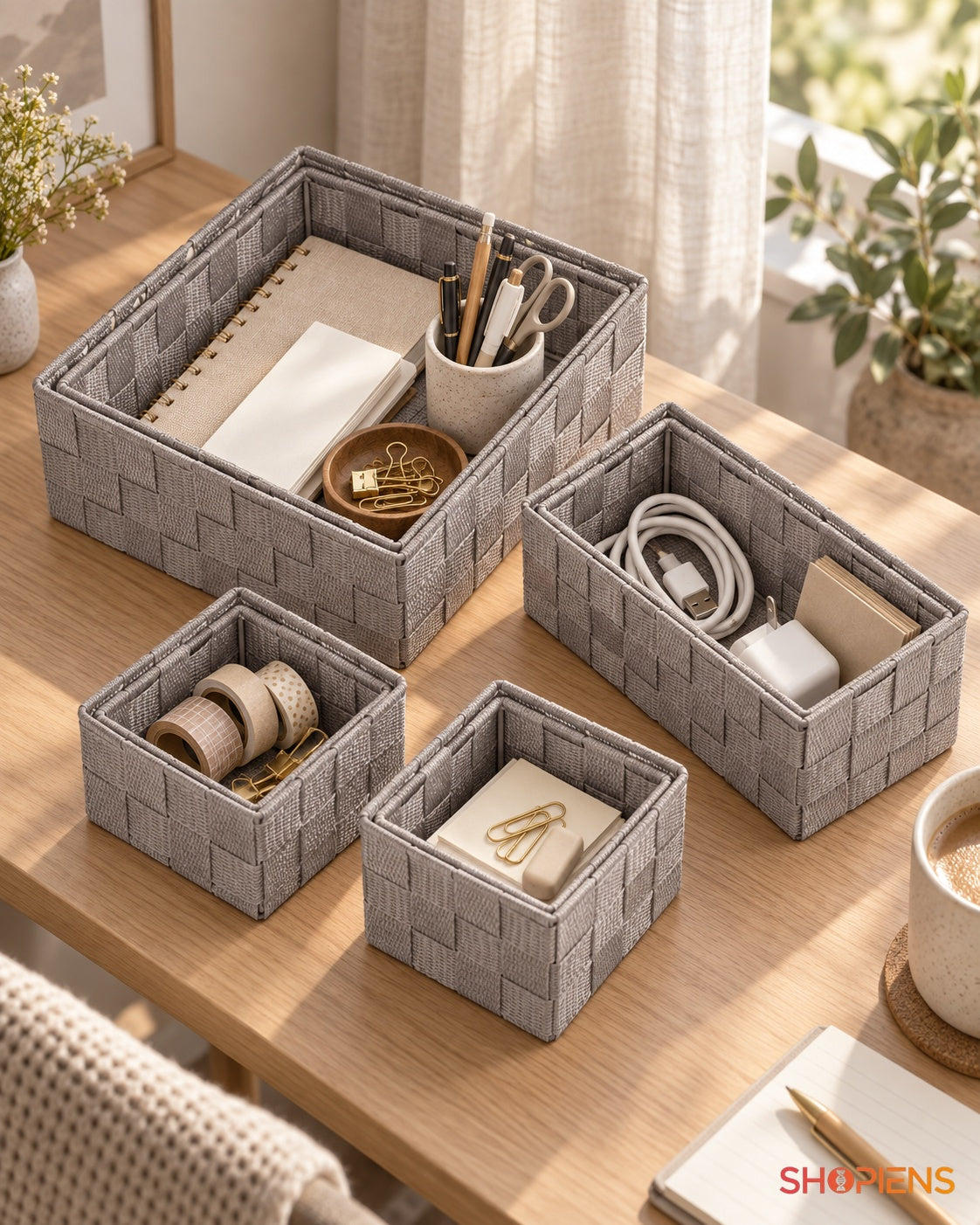 Set 4 Coșuri Taupe Împletite pentru Accesorii