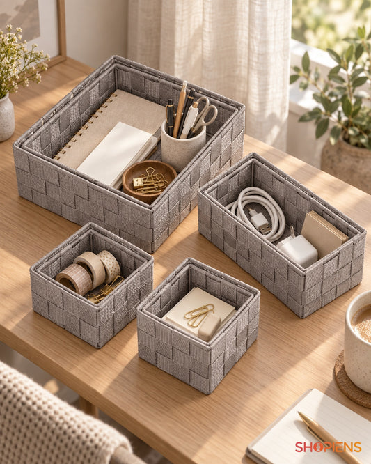 Set 4 Coșuri Taupe Împletite pentru Accesorii