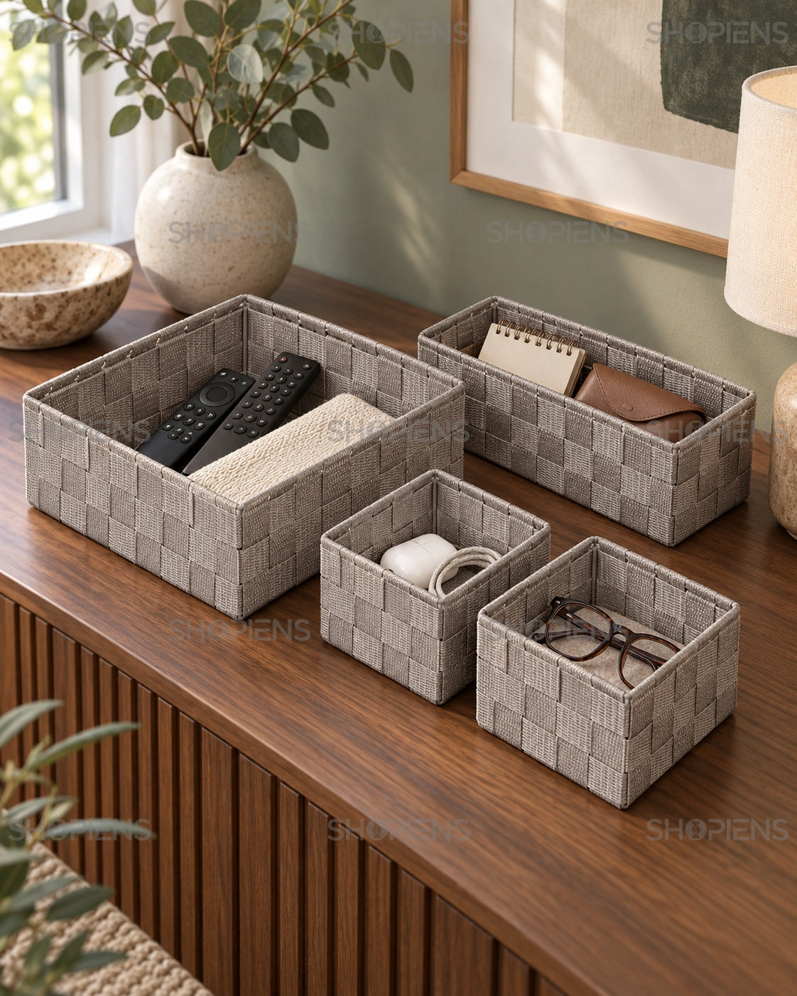 Set 4 Coșuri Taupe Împletite pentru Accesorii