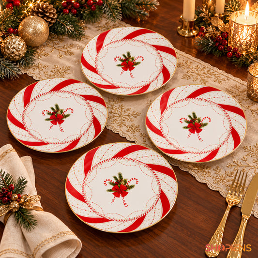 Set 4 farfurii de desert din porțelan cu acadele și bordură roșie, Ø19 cm, pe masa festivă de Crăciun, decor neinclus | Shopiens®
