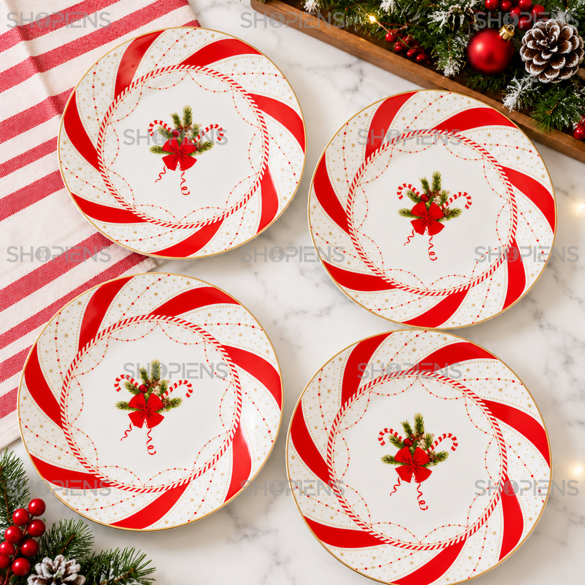 Set 4 farfurii de desert din porțelan cu acadele și bordură roșie, Ø19 cm, în decor alternativ de Crăciun, decor neinclus | Shopiens®
