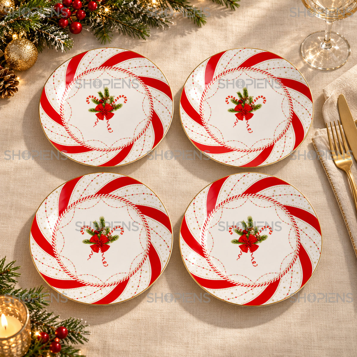 Set 4 farfurii de desert din porțelan cu acadele și bordură roșie, Ø19 cm, detaliu al imprimeului și marginii, decor neinclus | Shopiens®