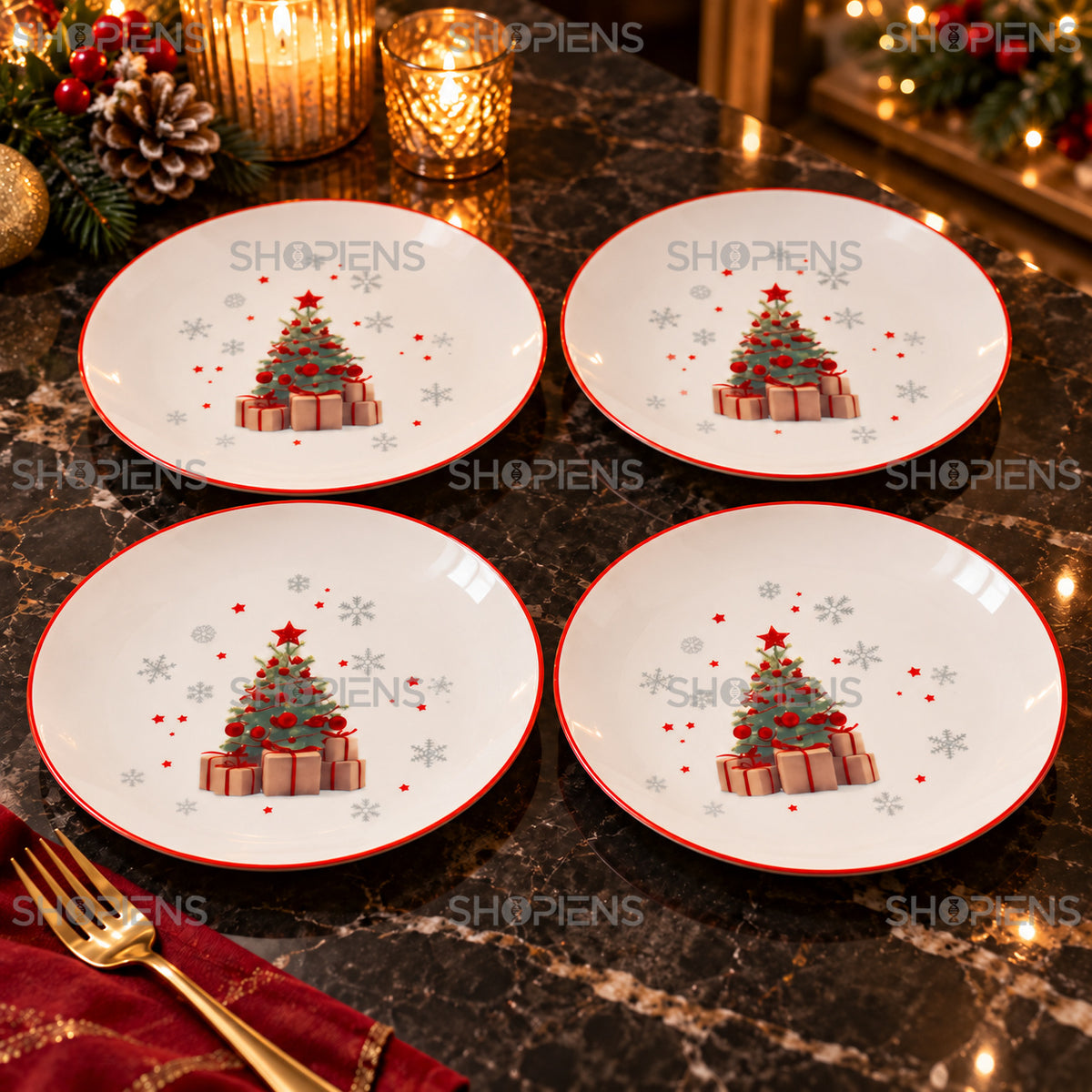 Set 4 farfurii de desert din porțelan cu brad împodobit, Ø19 cm, în decor alternativ de Crăciun, decor neinclus | Shopiens®