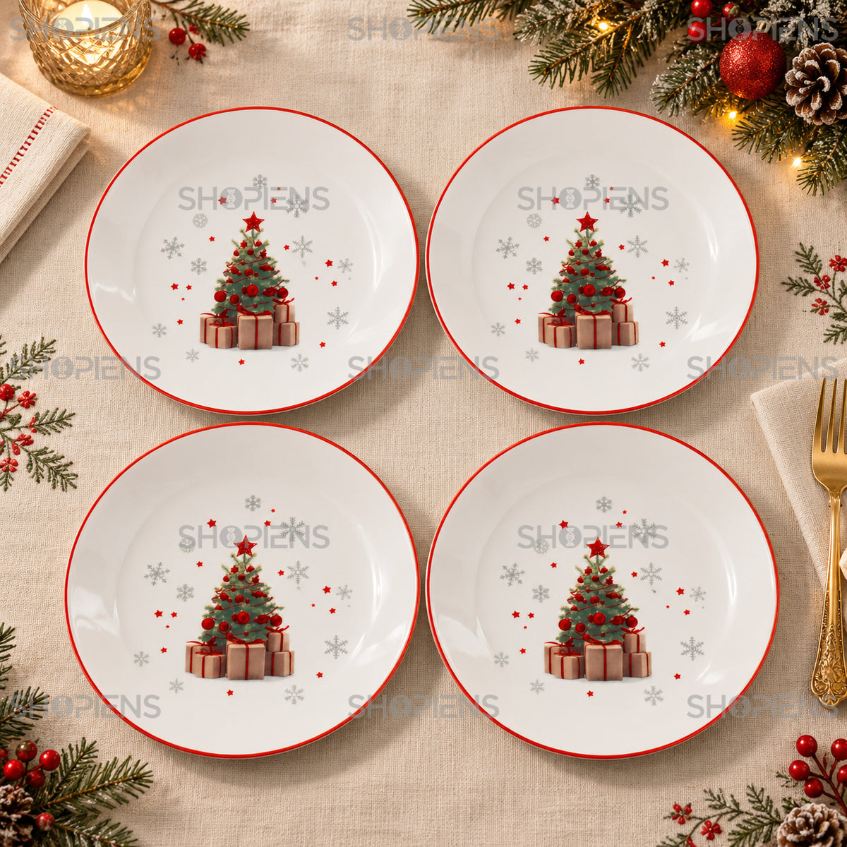 Set 4 farfurii de desert din porțelan cu brad împodobit, Ø19 cm, detaliu al imprimeului și marginii, decor neinclus | Shopiens®