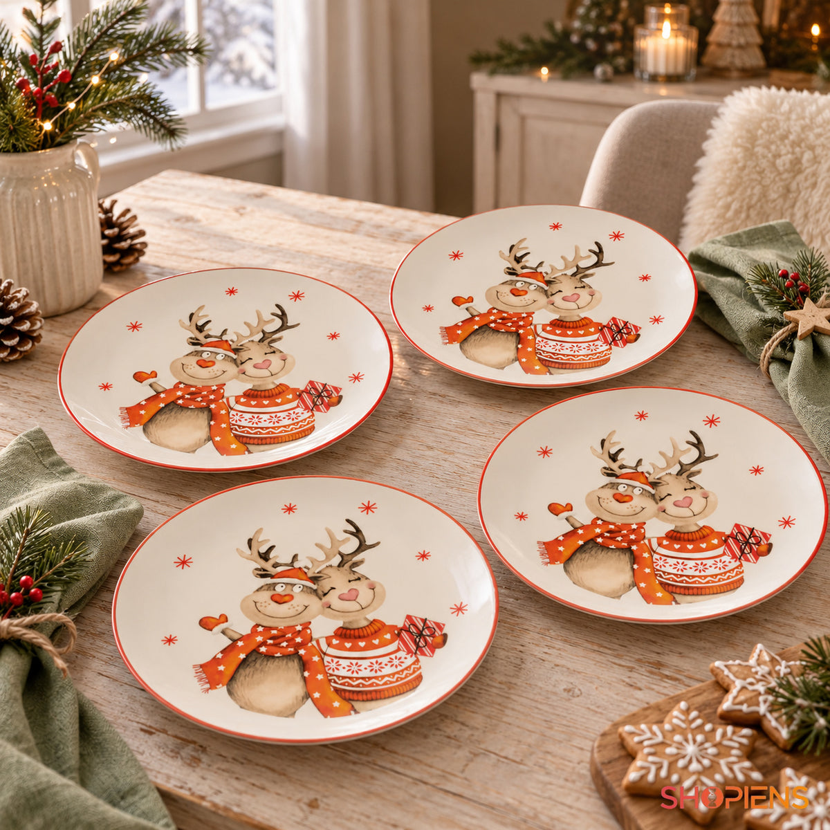 Set 4 farfurii de desert din porțelan cu cerbi îmbrățișați, Ø19 cm, pe masa festivă de Crăciun, decor neinclus | Shopiens®