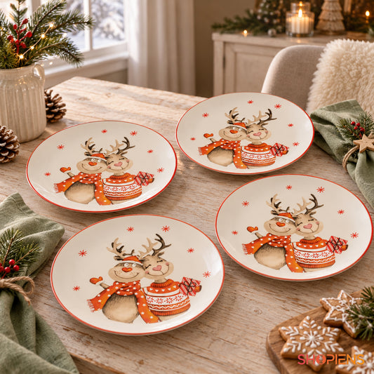 Set 4 farfurii de desert din porțelan cu cerbi îmbrățișați, Ø19 cm, pe masa festivă de Crăciun, decor neinclus | Shopiens®