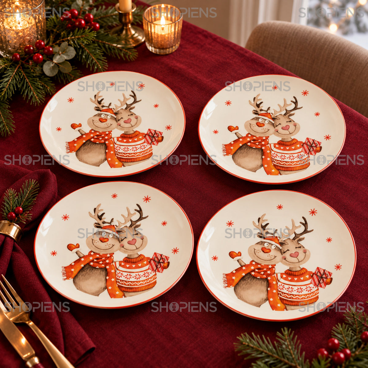 Set 4 farfurii de desert din porțelan cu cerbi îmbrățișați, Ø19 cm, în decor alternativ de Crăciun, decor neinclus | Shopiens®