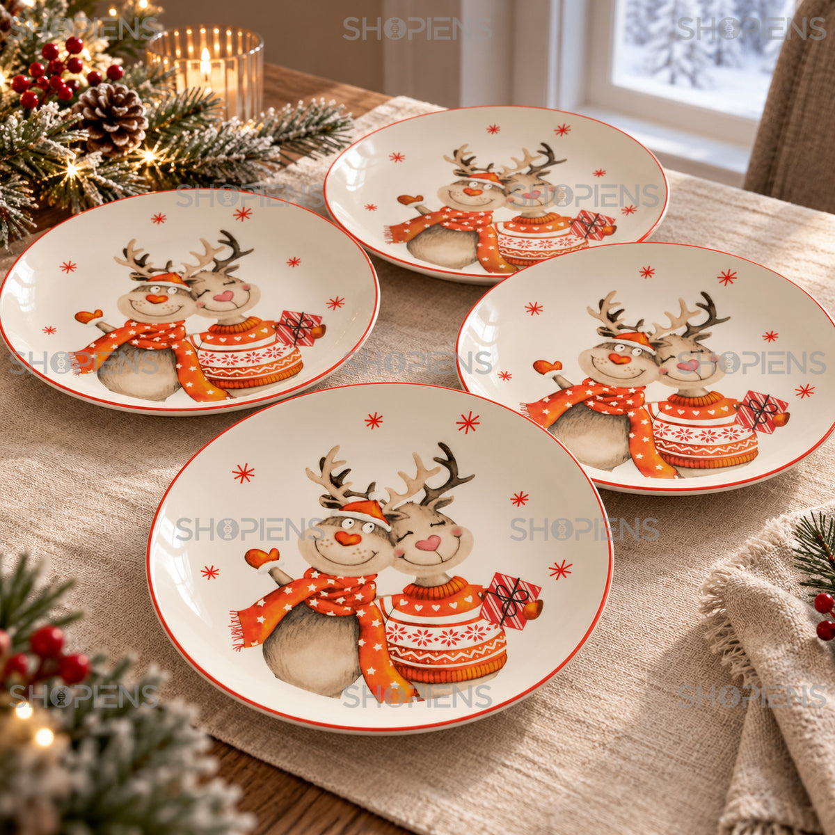 Set 4 farfurii de desert din porțelan cu cerbi îmbrățișați, Ø19 cm, detaliu al imprimeului și marginii, decor neinclus | Shopiens®