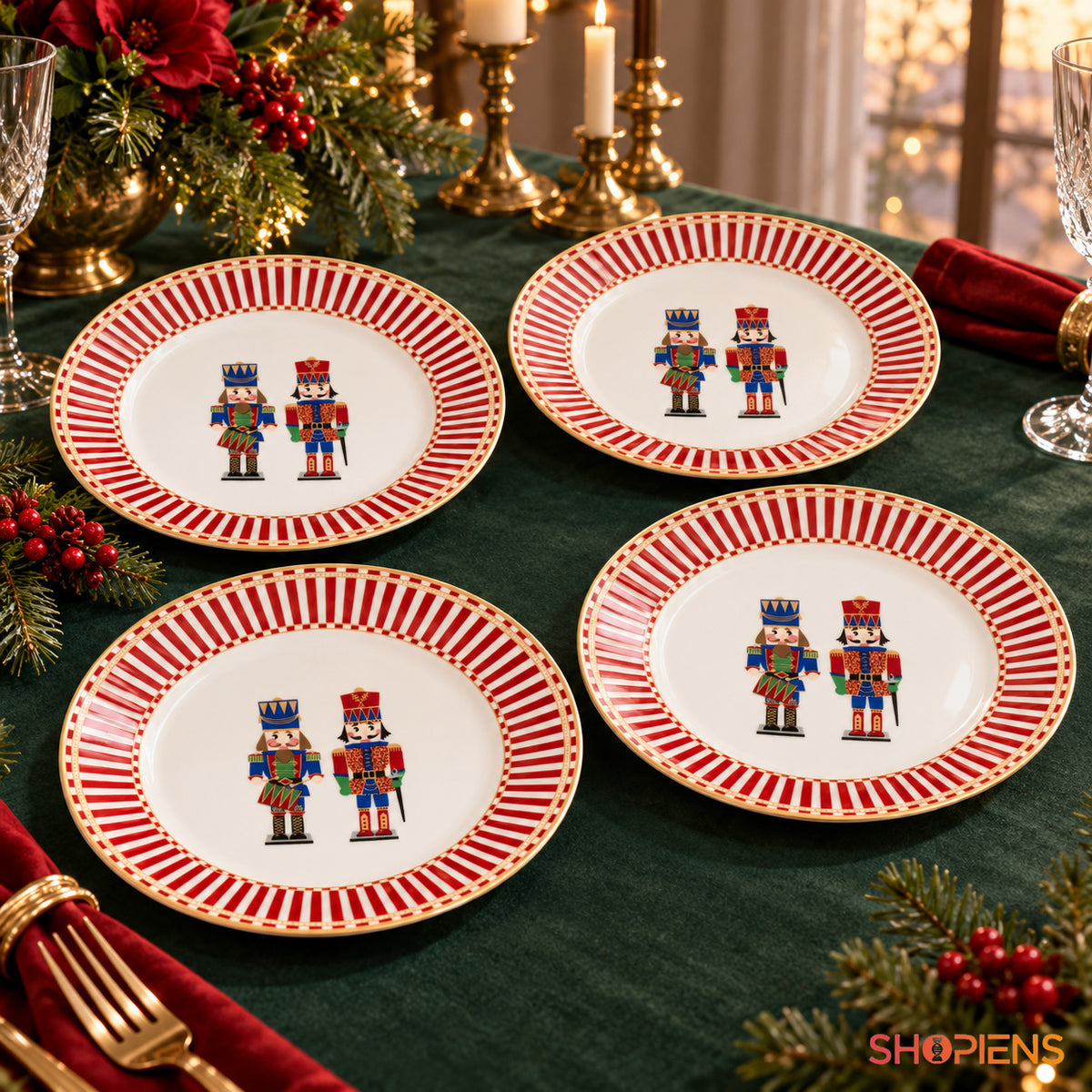 Set 4 farfurii de desert din porțelan cu spărgători de nuci, Ø19 cm, pe masa festivă de Crăciun, decor neinclus | Shopiens®
