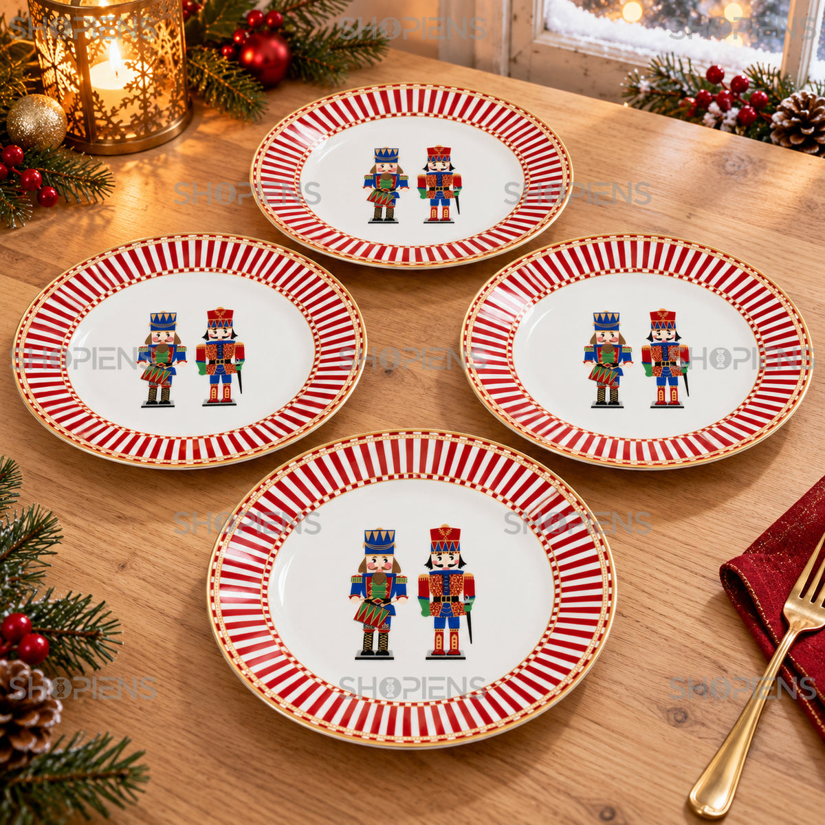 Set 4 farfurii de desert din porțelan cu spărgători de nuci, Ø19 cm, detaliu al imprimeului și marginii, decor neinclus | Shopiens®