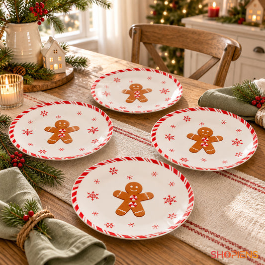 Set 4 farfurii de desert din porțelan cu gingerbread și fulgi, Ø19 cm, pe masa festivă de Crăciun, decor neinclus | Shopiens®