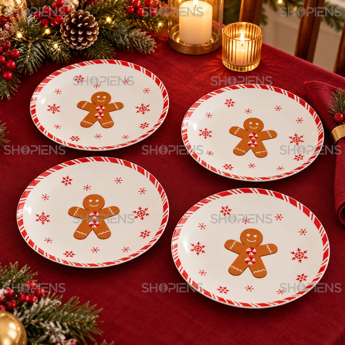 Set 4 farfurii de desert din porțelan cu gingerbread și fulgi, Ø19 cm, în decor alternativ de Crăciun, decor neinclus | Shopiens®