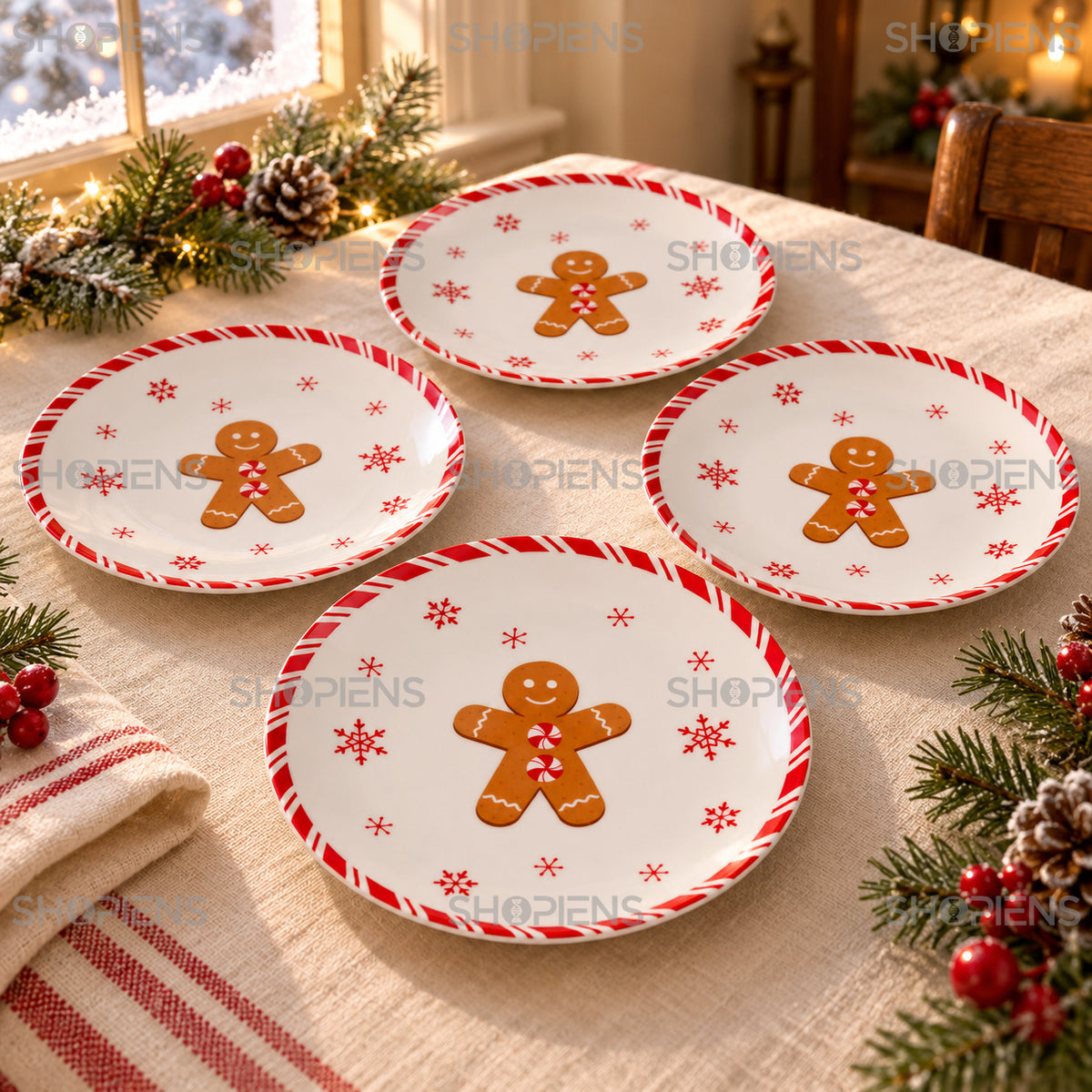 Set 4 farfurii de desert din porțelan cu gingerbread și fulgi, Ø19 cm, detaliu al imprimeului și marginii, decor neinclus | Shopiens®