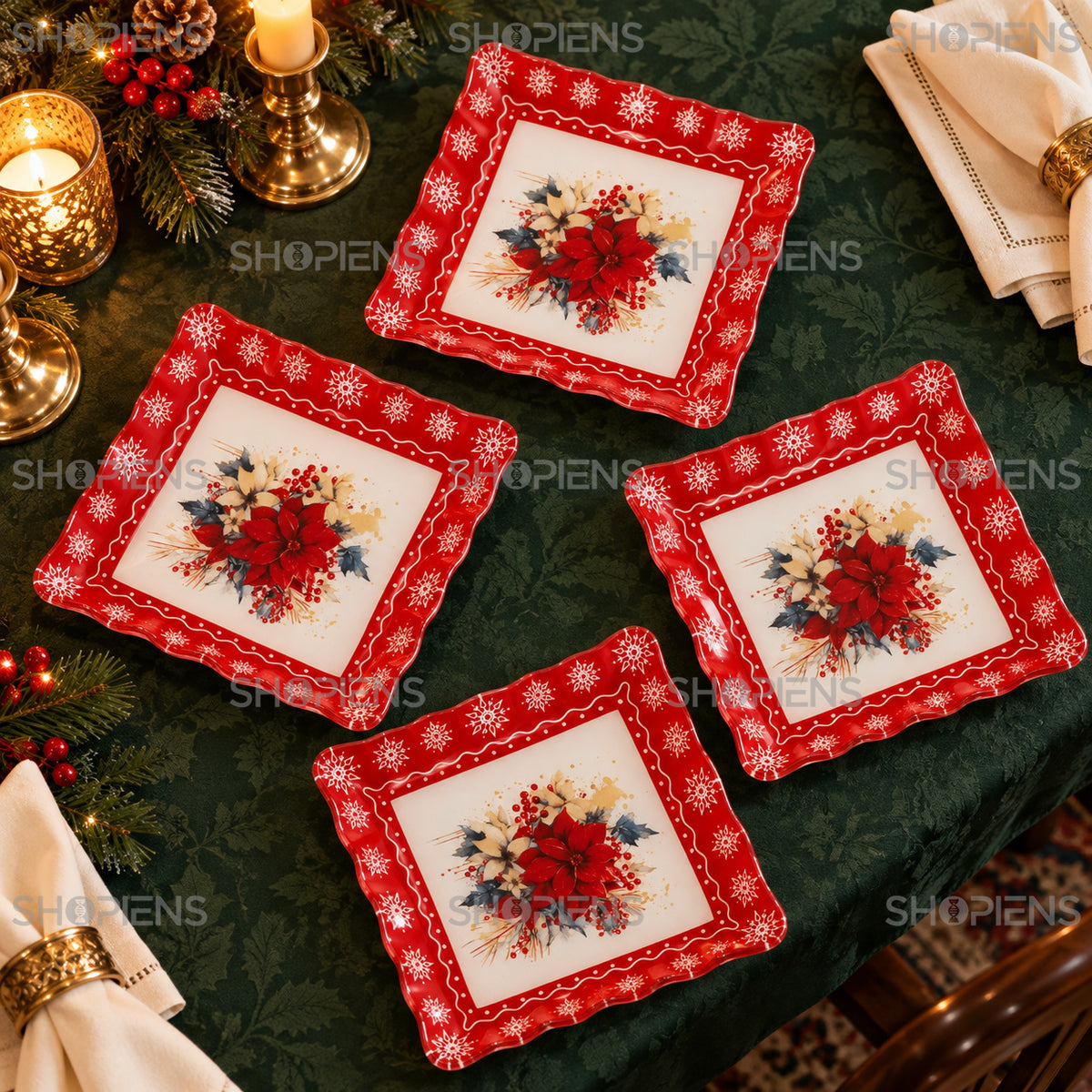 Set 4 farfurii de desert din sticlă cu crăciuniță, 17 × 17 cm, în decor alternativ de Crăciun, decor neinclus | Shopiens®