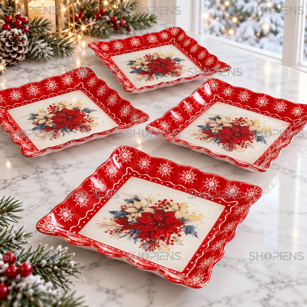 Set 4 farfurii de desert din sticlă cu crăciuniță, 17 × 17 cm, detaliu al imprimeului și marginii, decor neinclus | Shopiens®