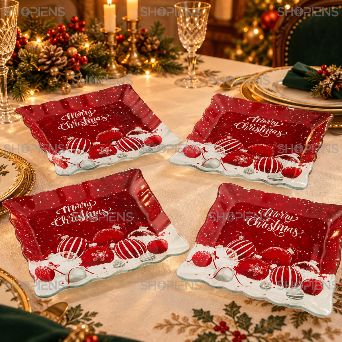 Set 4 farfurii de desert din sticlă cu globuri roșii, 17 × 17 cm, în decor alternativ de Crăciun, decor neinclus | Shopiens®