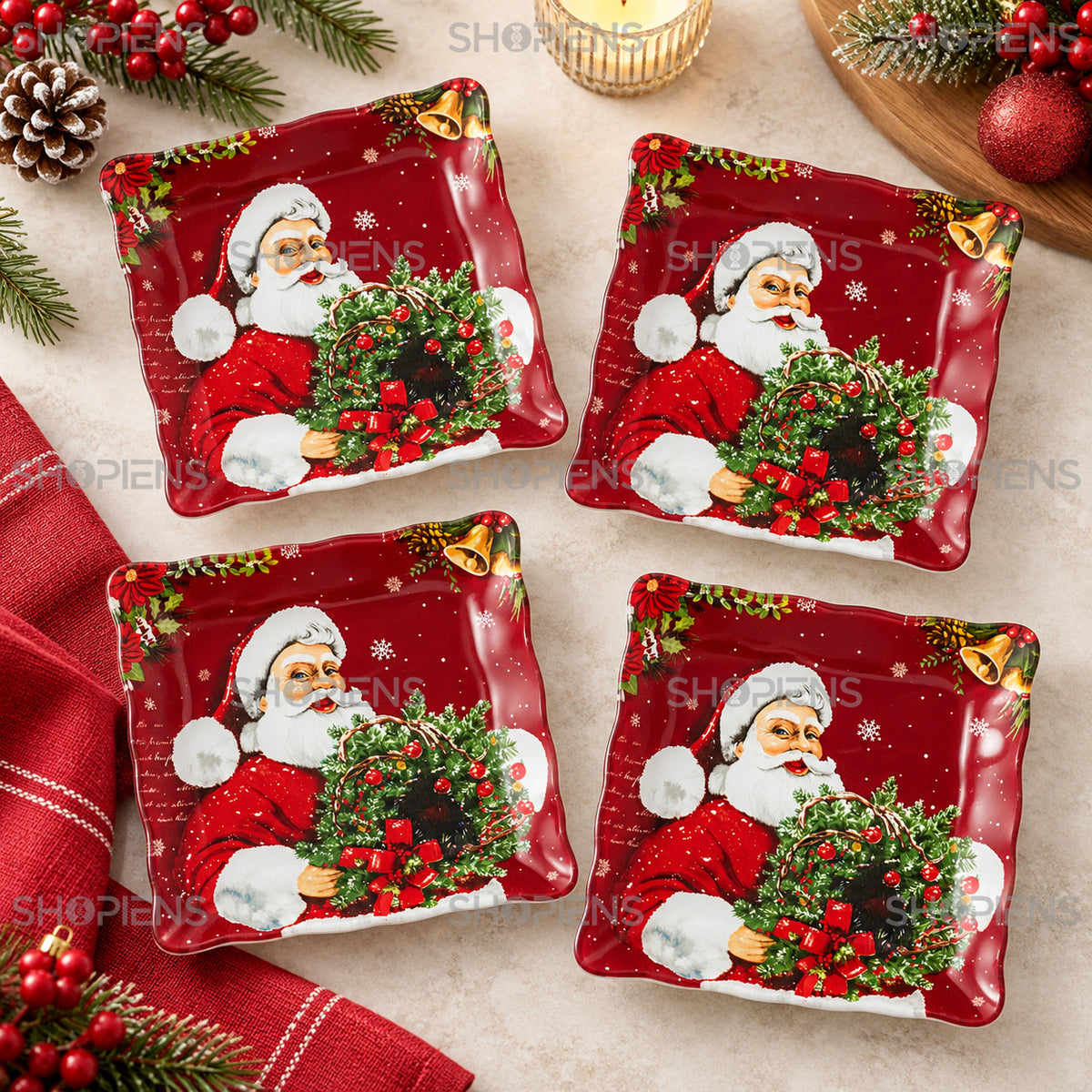 Set 4 farfurii din sticlă cu Moș Crăciun și coroniță, 17 × 17 cm, în decor alternativ de Crăciun, decor neinclus | Shopiens®