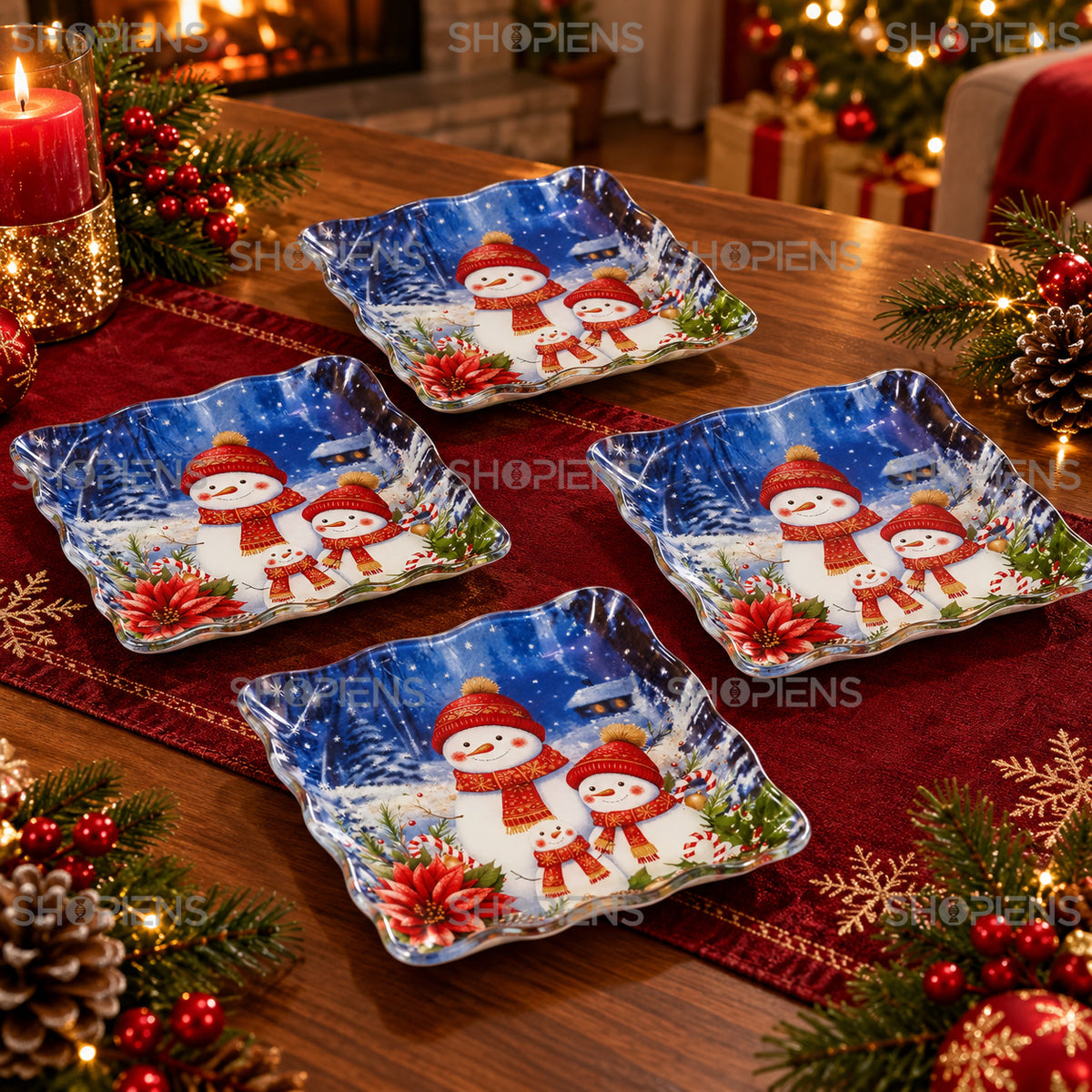 Set 4 farfurii de desert din sticlă cu oameni de zăpadă, 17 × 17 cm, în decor alternativ de Crăciun, decor neinclus | Shopiens®