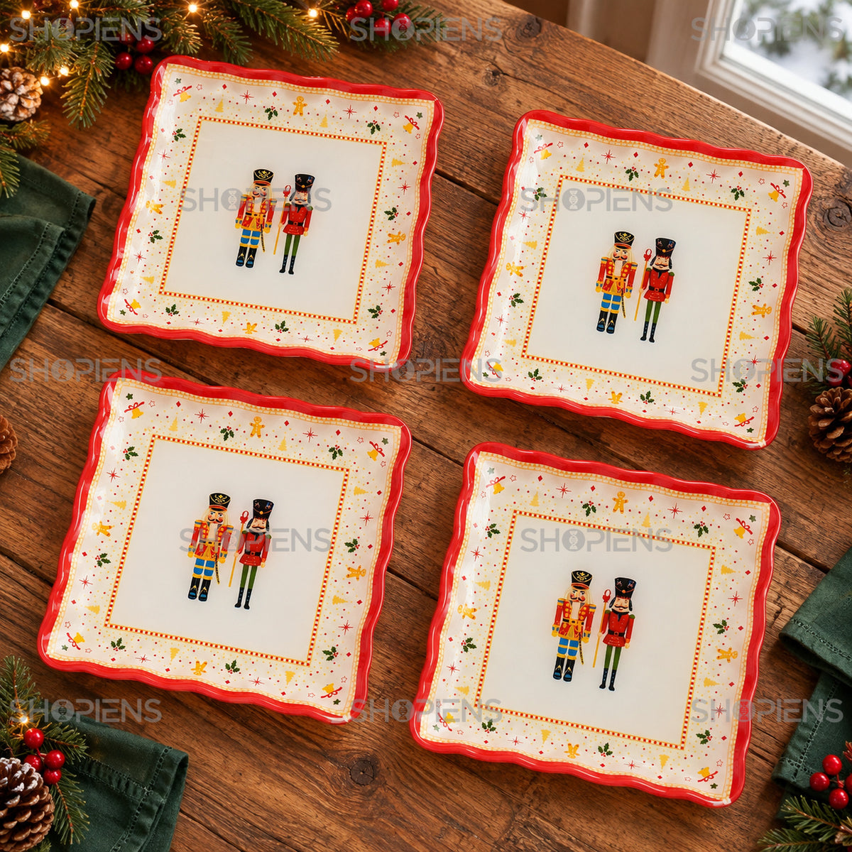 Set 4 farfurii din sticlă cu spărgători de nuci, 17 × 17 cm, în decor alternativ de Crăciun, decor neinclus | Shopiens®