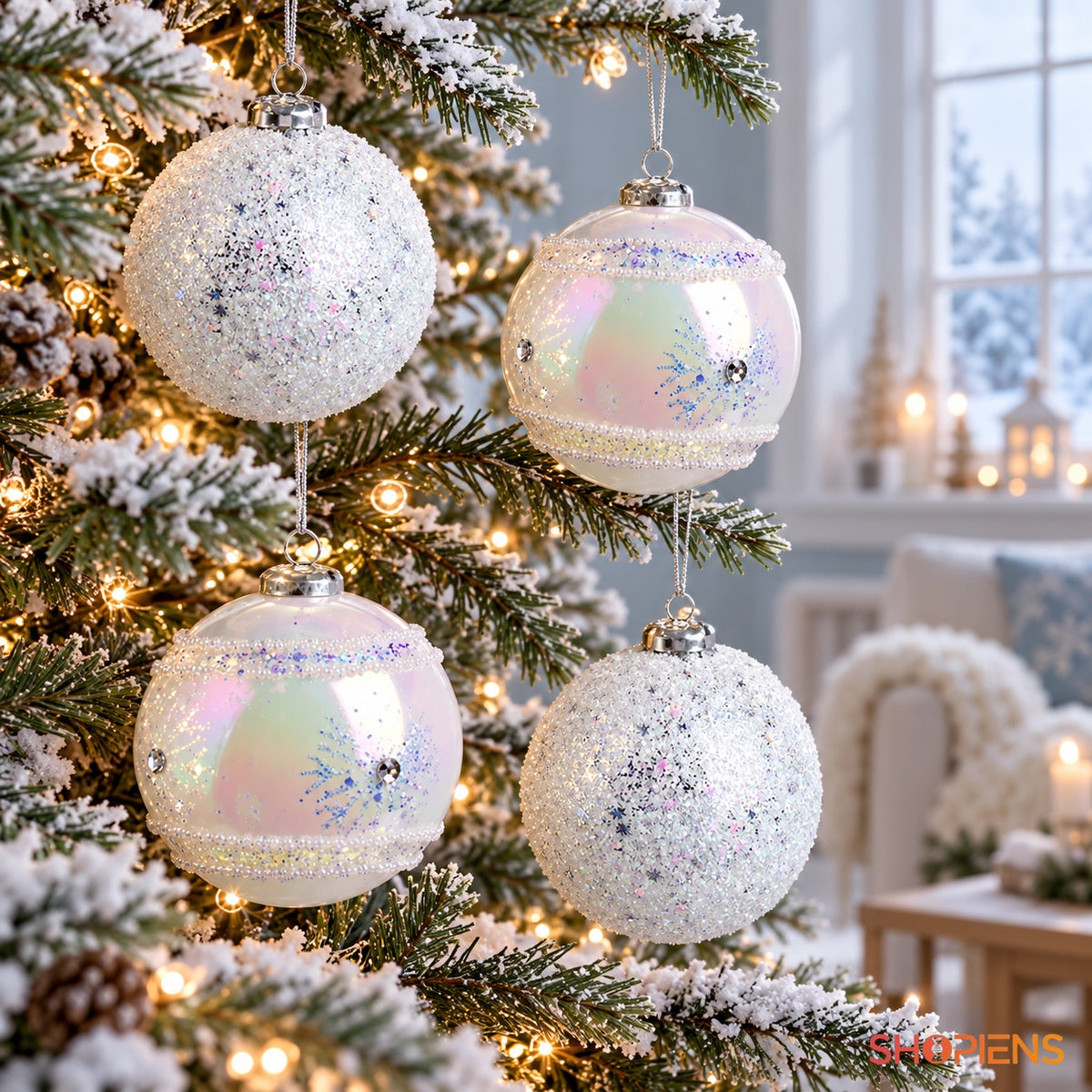 Set 4 globuri albe holografice cu glitter, Ø10 cm, în decor de Crăciun, decor neinclus | Shopiens®