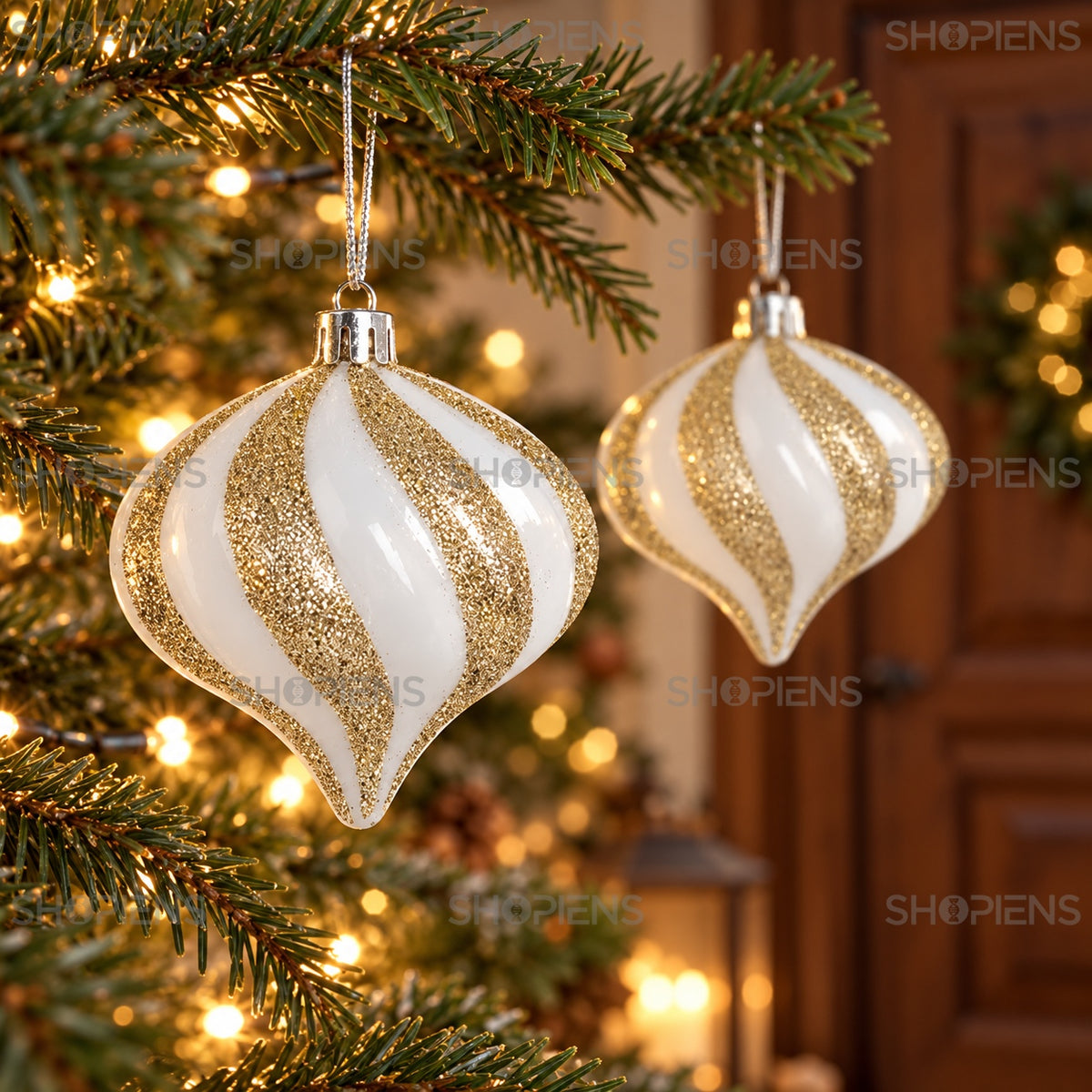 Set 4 globuri albe onion cu glitter șampanie, 10 cm, detaliu apropiat, decor neinclus | Shopiens®