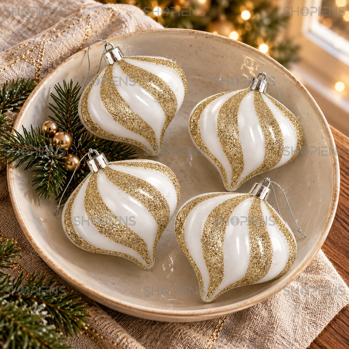 Set 4 globuri albe onion cu glitter șampanie, 10 cm, aranjament festiv, decor neinclus | Shopiens®