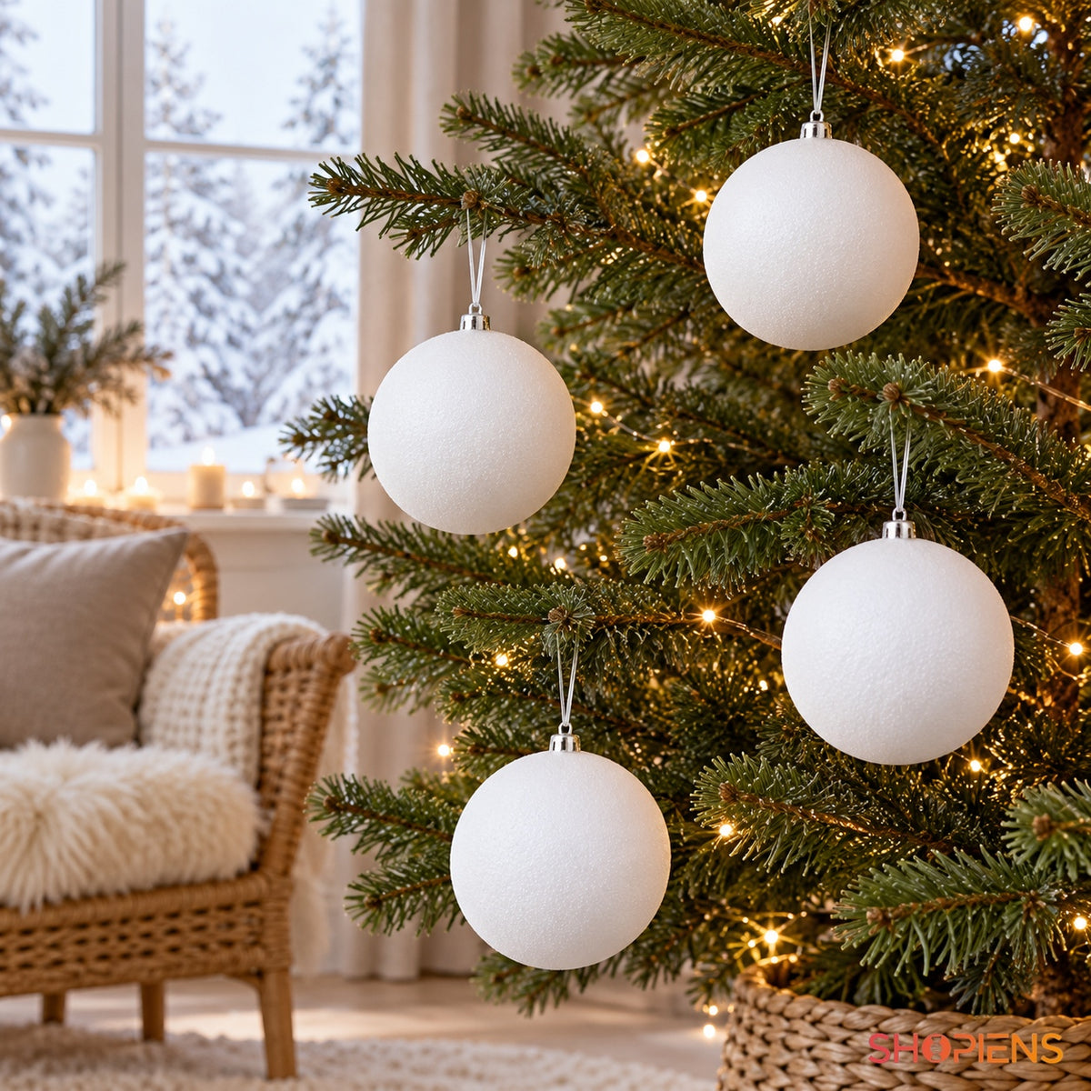 Set 4 globuri albe din spumă, Ø10 cm, în decor de Crăciun, decor neinclus | Shopiens®