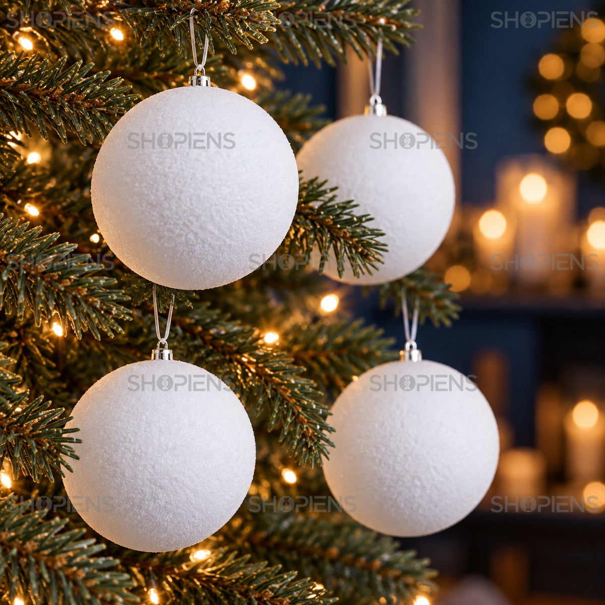 Set 4 globuri albe din spumă, Ø10 cm, detaliu apropiat, decor neinclus | Shopiens®