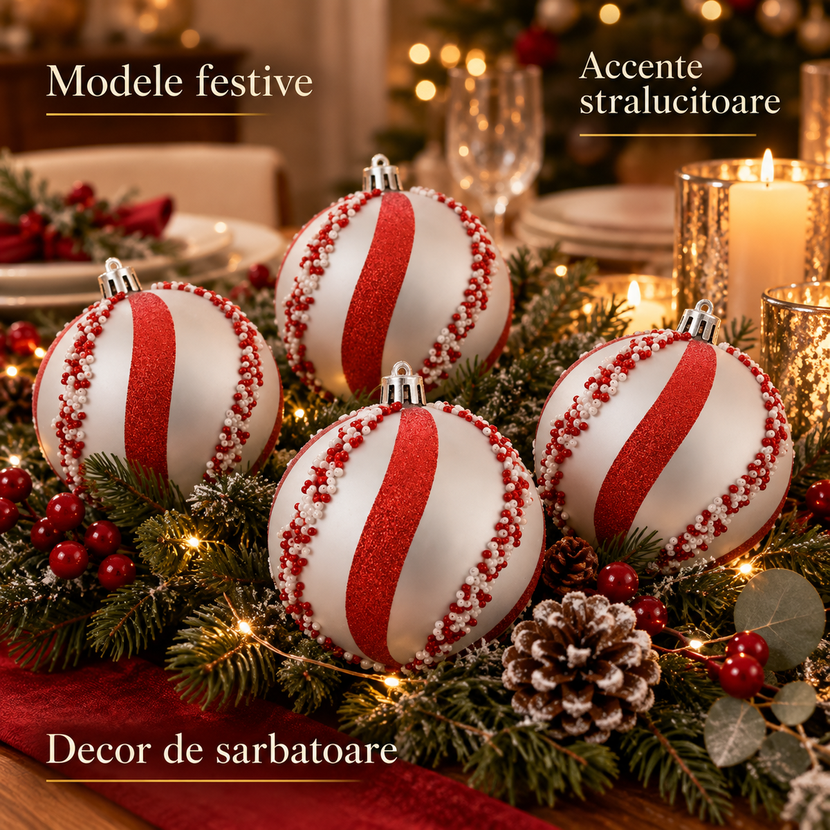 Set 4 Globuri Argintii Cu Margele Rosii, 8 Cm - avantaje - Shopiens