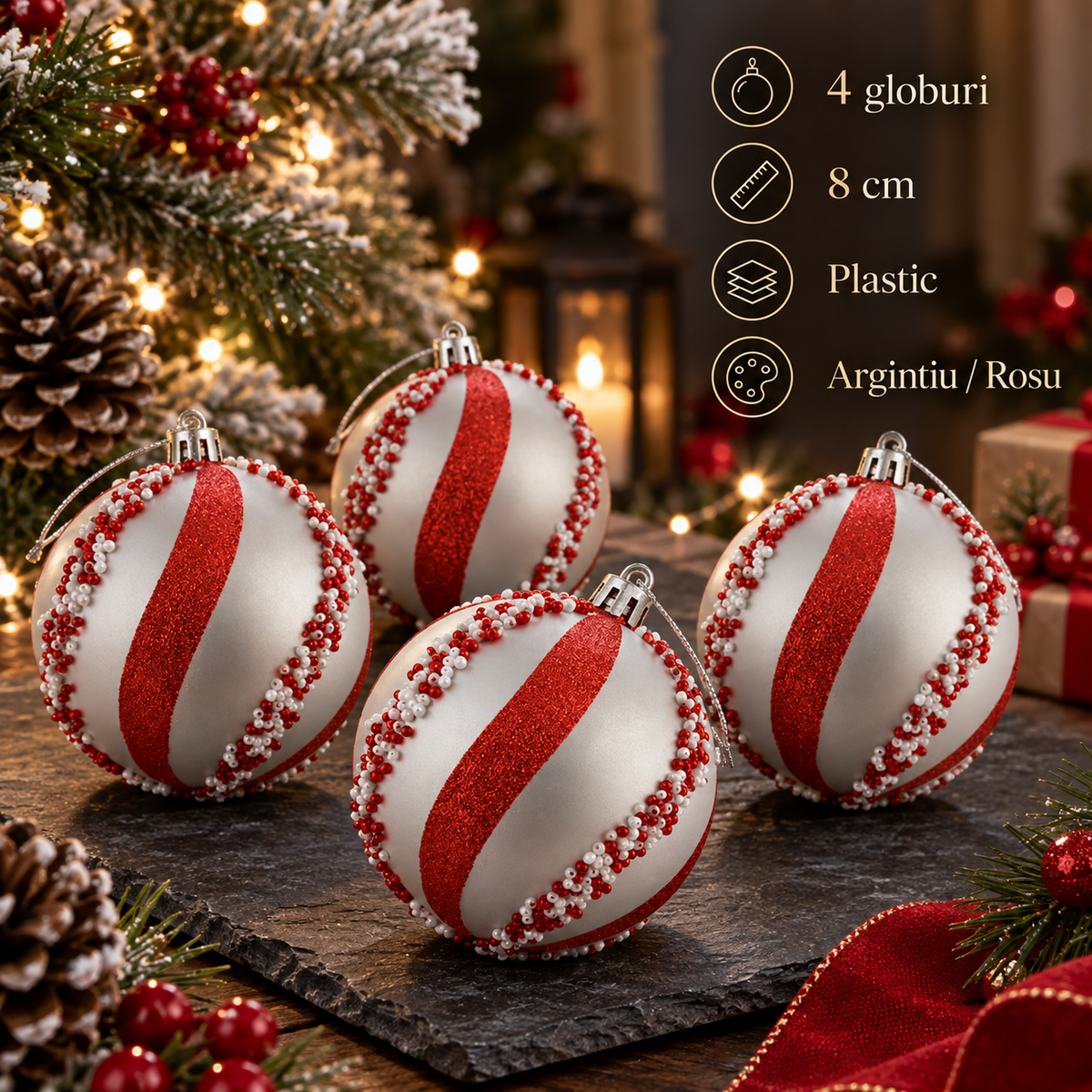 Set 4 Globuri Argintii Cu Margele Rosii, 8 Cm - specificatii - Shopiens