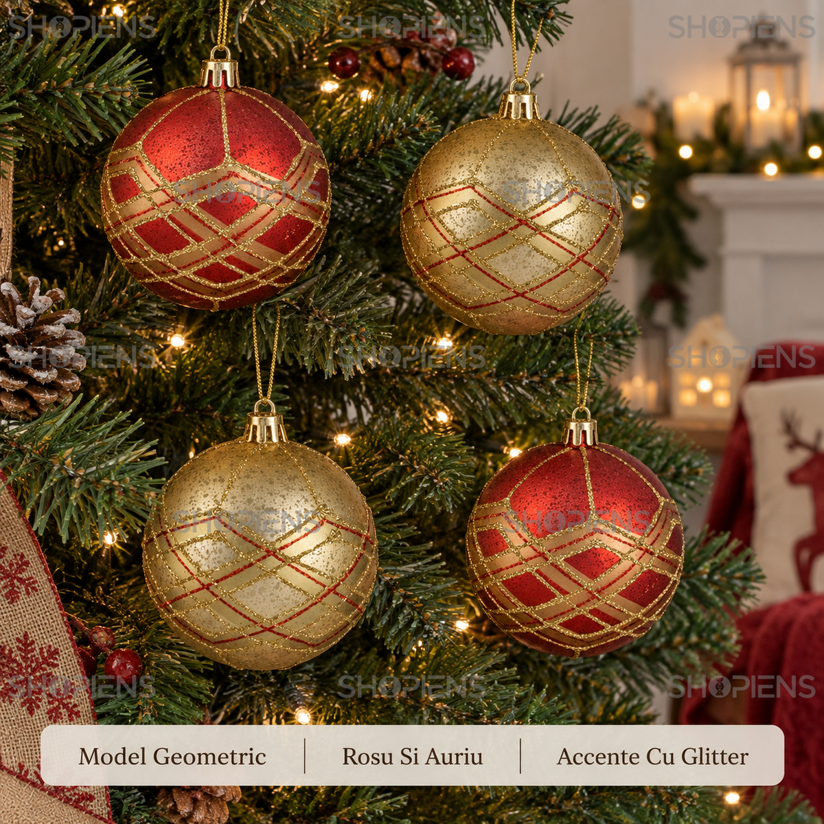 Set 4 Globuri Rosii Si Aurii Cu Romburi, 8 Cm - avantaje - Shopiens