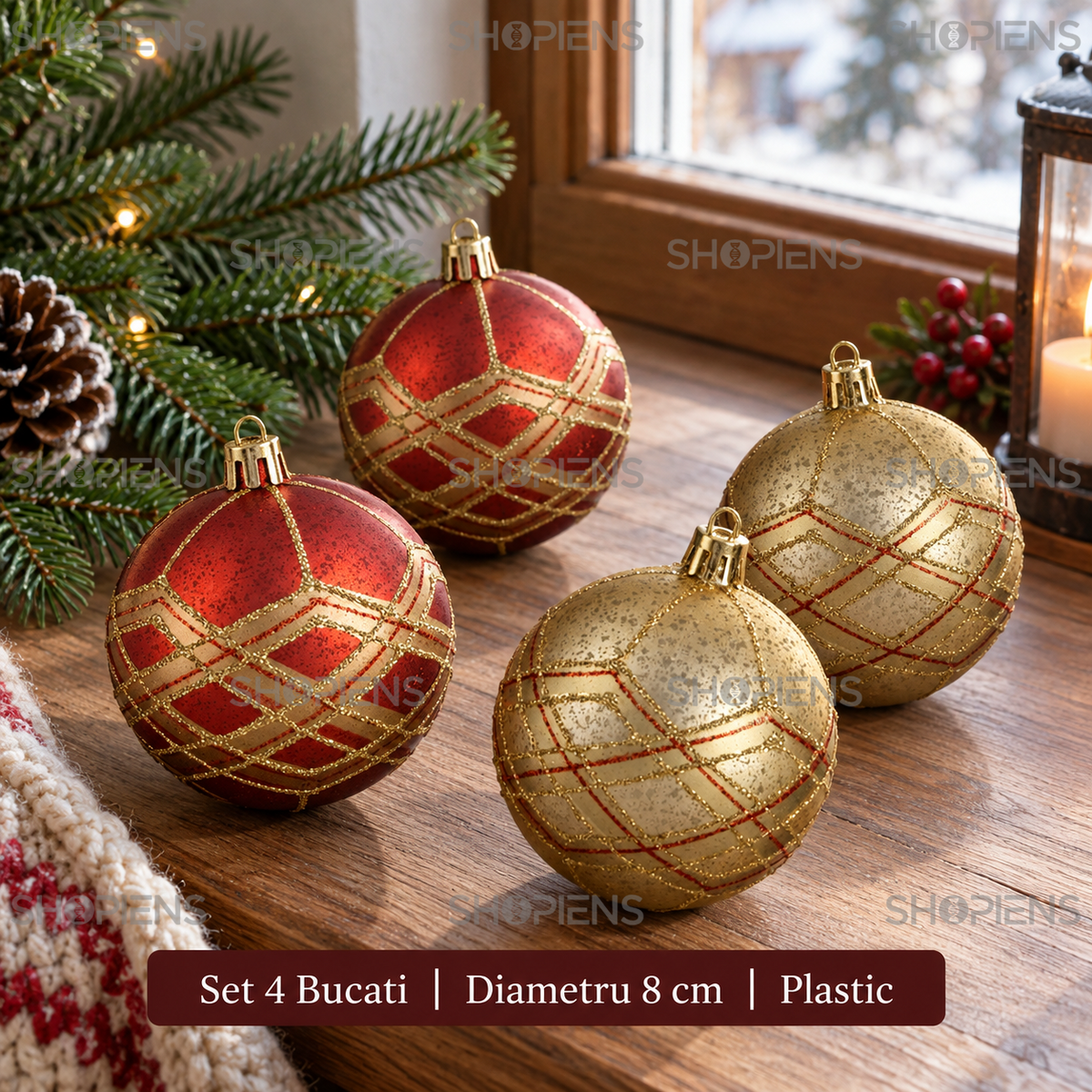 Set 4 Globuri Rosii Si Aurii Cu Romburi, 8 Cm - specificatii - Shopiens