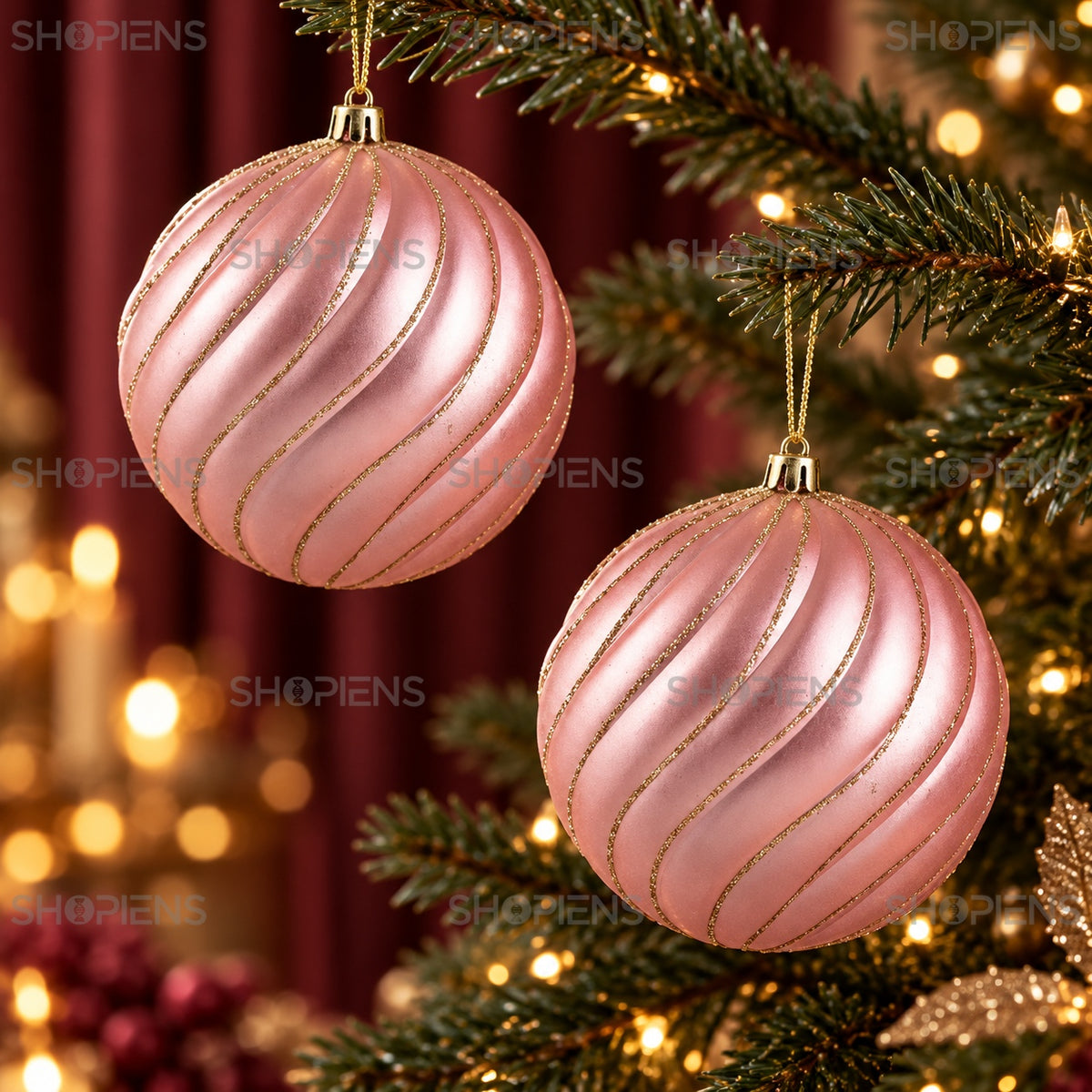 Set 4 globuri roz cu dungi aurii, Ø12 cm, detaliu apropiat, decor neinclus | Shopiens®
