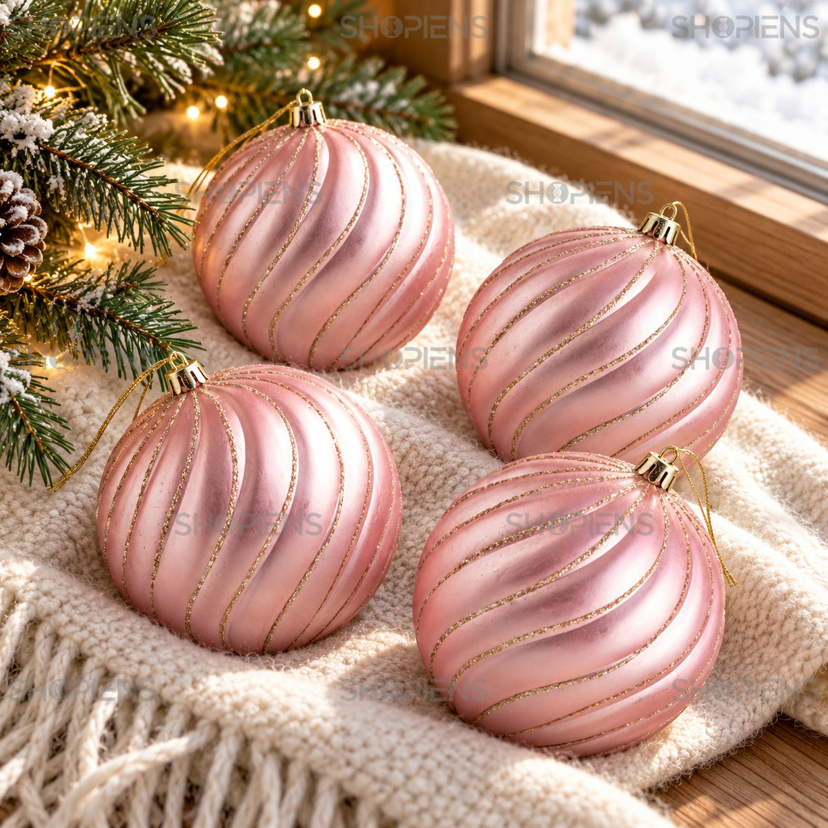 Set 4 globuri roz cu dungi aurii, Ø12 cm, aranjament festiv, decor neinclus | Shopiens®