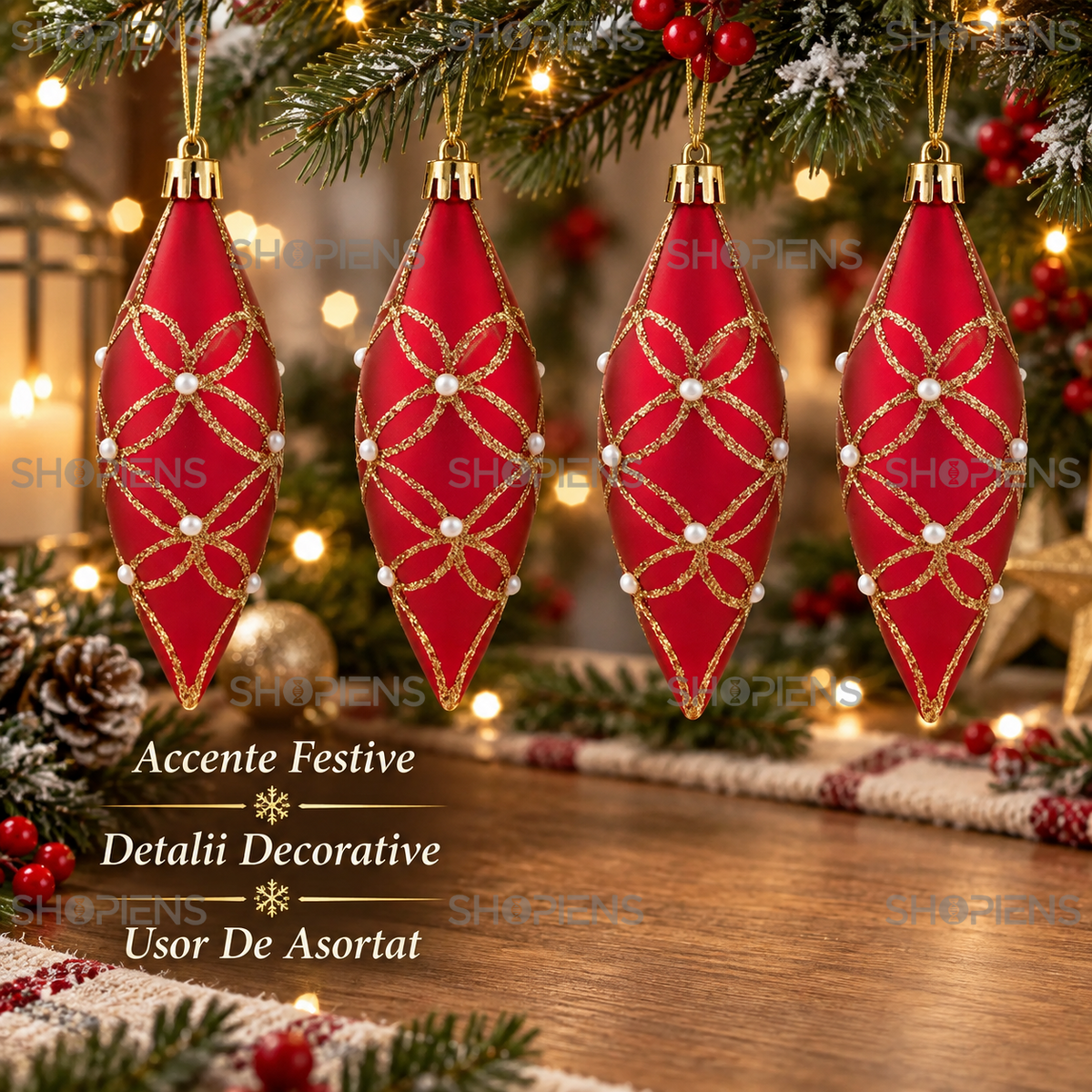 Set 4 Ornamente Ovale Rosii Cu Margele Albe, 12 Cm - avantaje - Shopiens