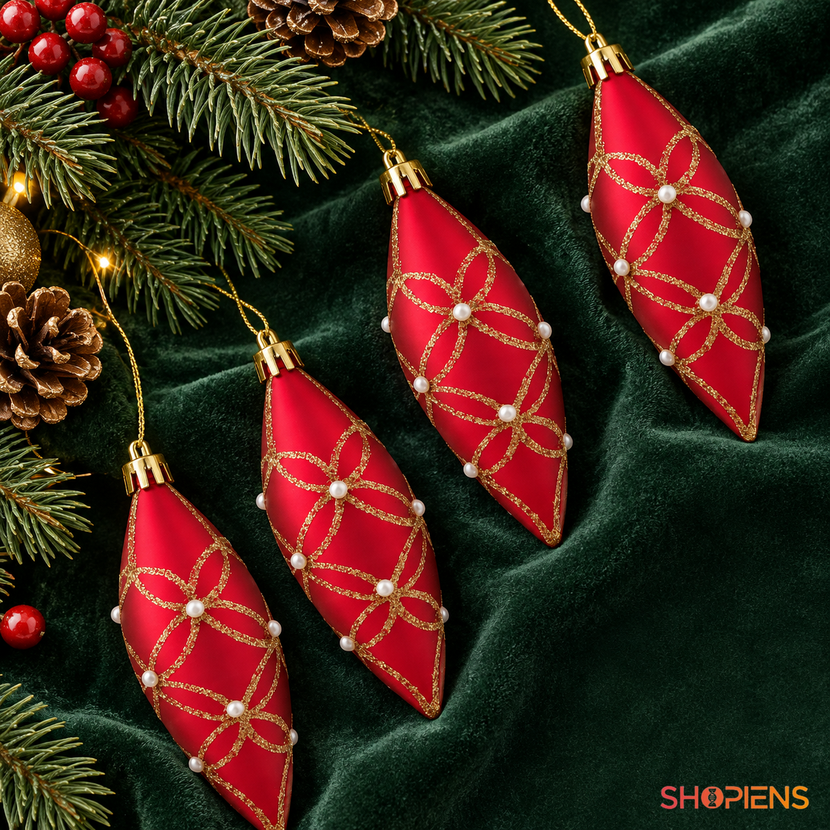 Set 4 Ornamente Ovale Rosii Cu Margele Albe, 12 Cm - lifestyle principala - Shopiens