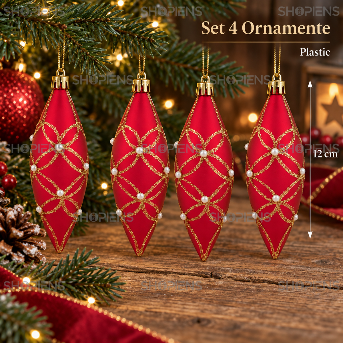 Set 4 Ornamente Ovale Rosii Cu Margele Albe, 12 Cm - specificatii - Shopiens