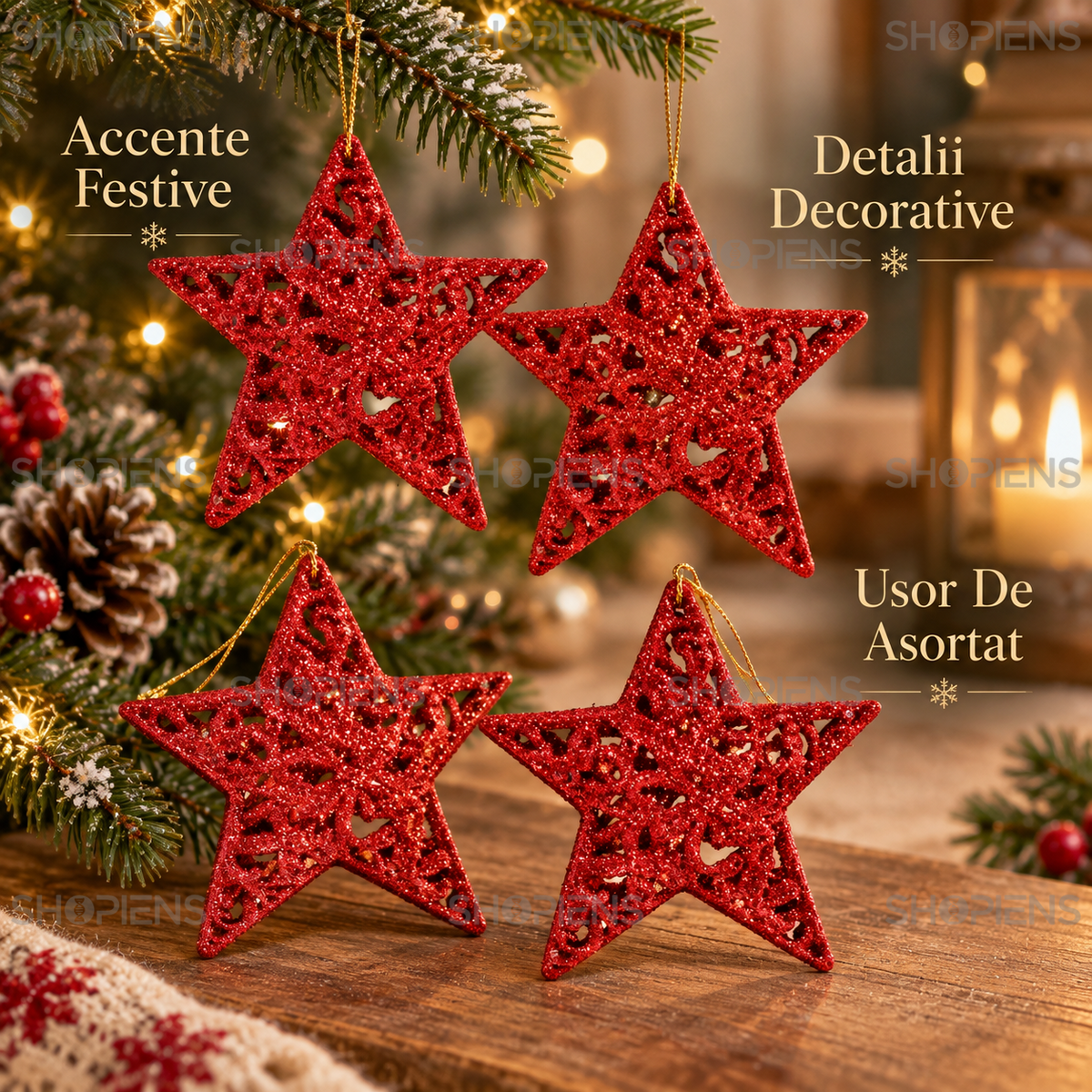 Set 4 Stele Rosii Ajurate Cu Glitter, 11 Cm - avantaje - Shopiens
