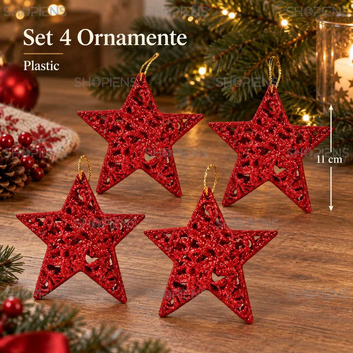 Set 4 Stele Rosii Ajurate Cu Glitter, 11 Cm - specificatii - Shopiens