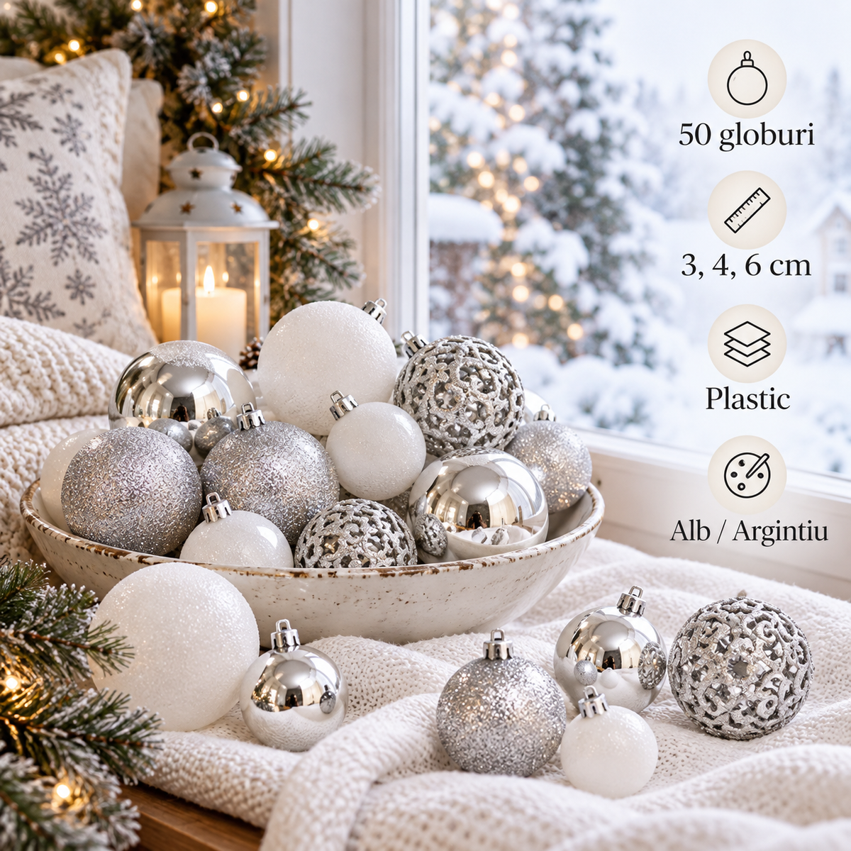 Set 50 Globuri Albe Si Argintii, Magie De Iarna - specificatii - Shopiens