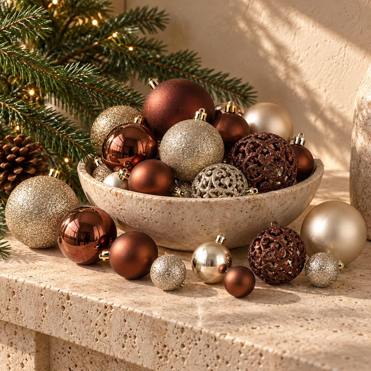 Set 50 Globuri Bej Si Bronz, Eleganta De Craciun - lifestyle principala - Shopiens
