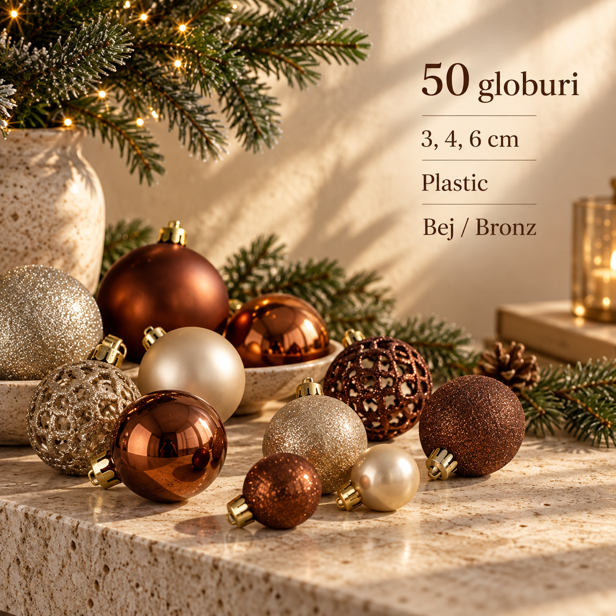 Set 50 Globuri Bej Si Bronz, Eleganta De Craciun - specificatii - Shopiens