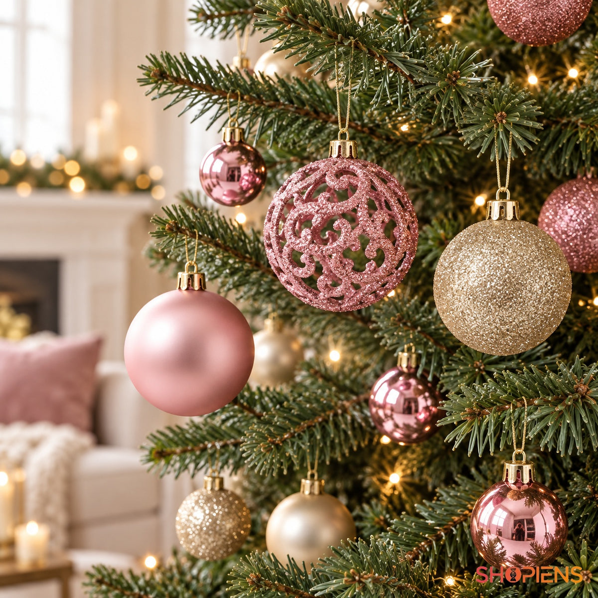 Globuri roz și aurii de 3–6 cm într-un decor de Crăciun – set de 50, Shopiens