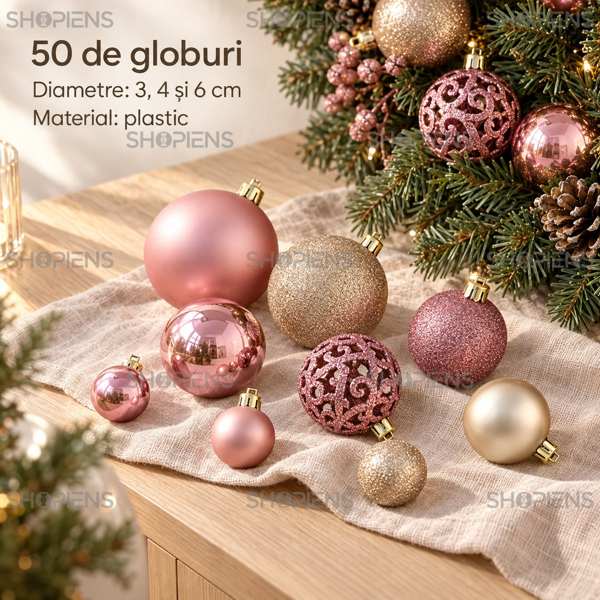 Specificațiile setului de 50 globuri roz și aurii, diametre 3, 4 și 6 cm – Shopiens