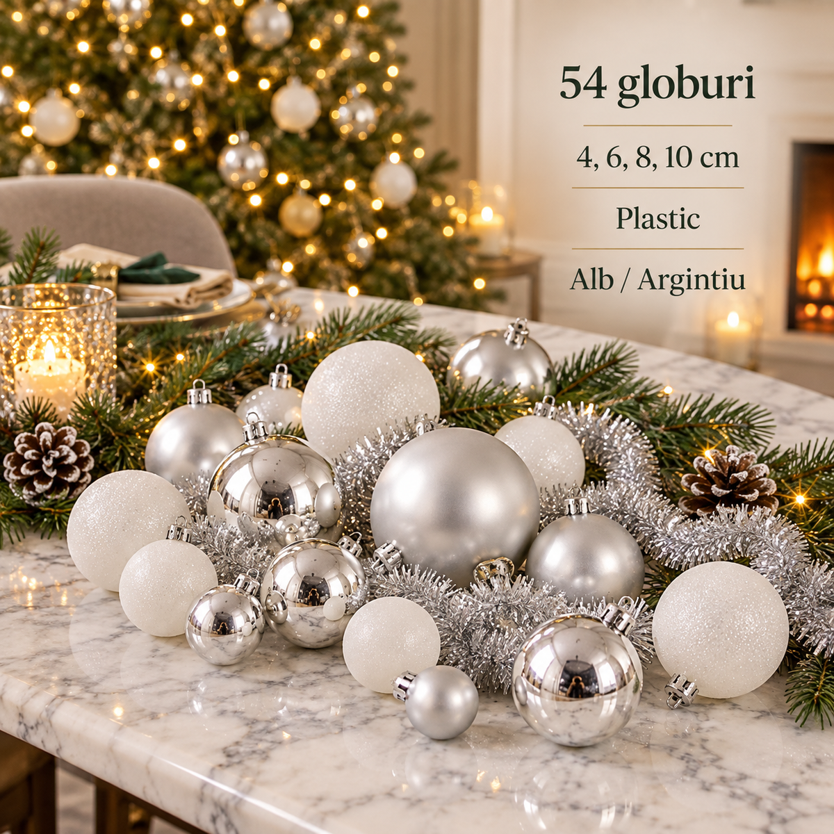 Set 54 Globuri Albe Si Argintii Pentru Craciun - specificatii - Shopiens